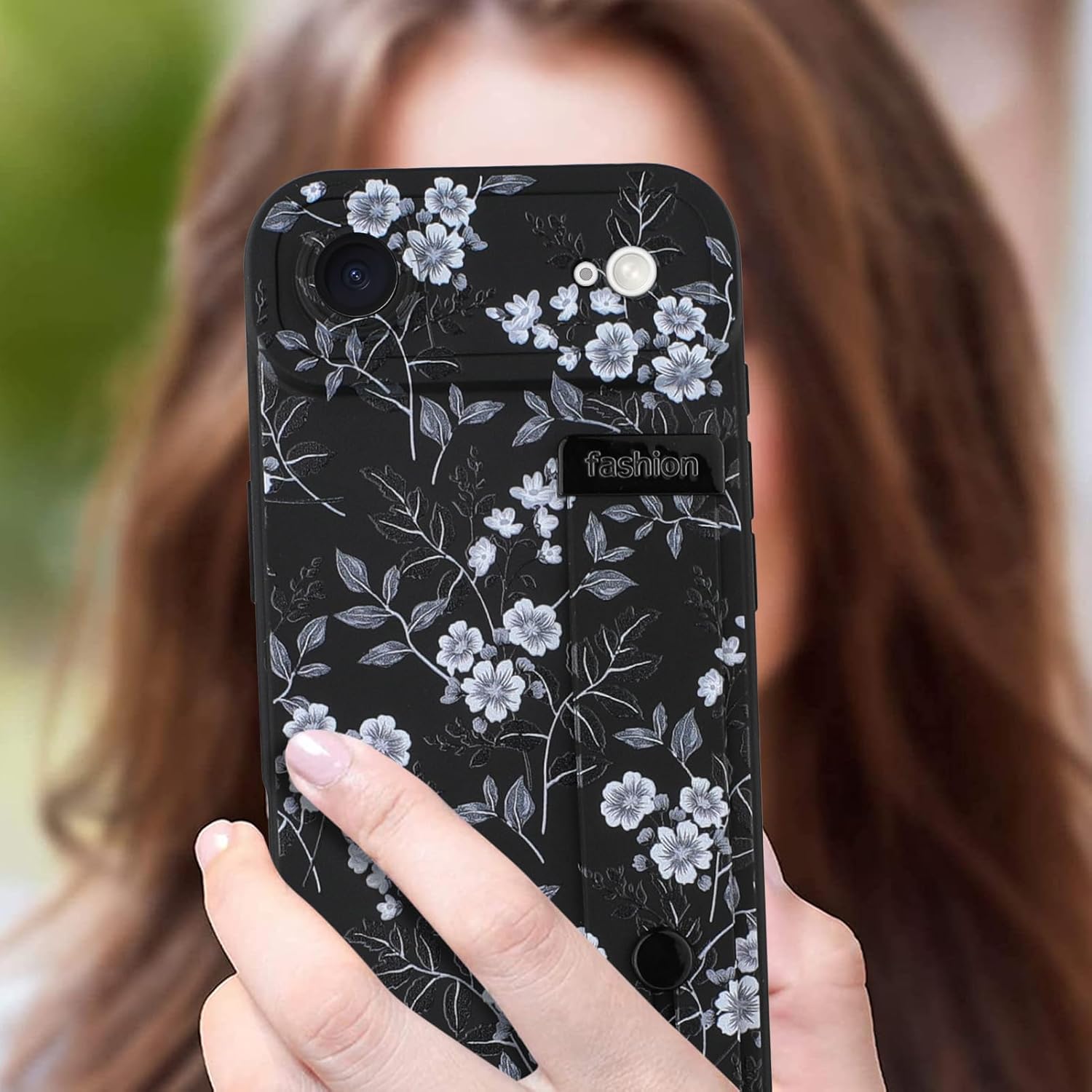 Compatible with iPhone Air Case for Women Men, Cute White Flower Floral Pattern, Built in Adjustable Metal Wrist Strap Grip Hand Holder Kickstand Soft Silicone Cover 6.5 Inch, Black - Image 6