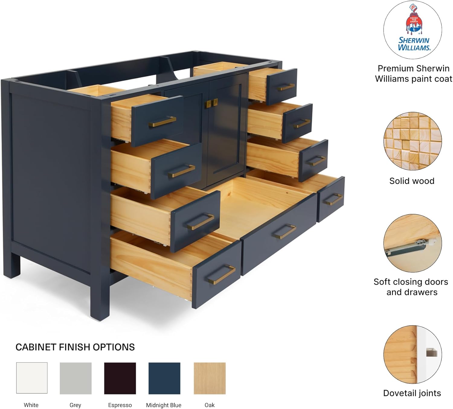 DKB Beckford 54-Inch Midnight Blue Bathroom Vanity Base Cabinet, Single Sink, Solid Wood Construction, 2 Soft Closing Doors, 9 Dovetail Drawers, Satin Brass Hardware