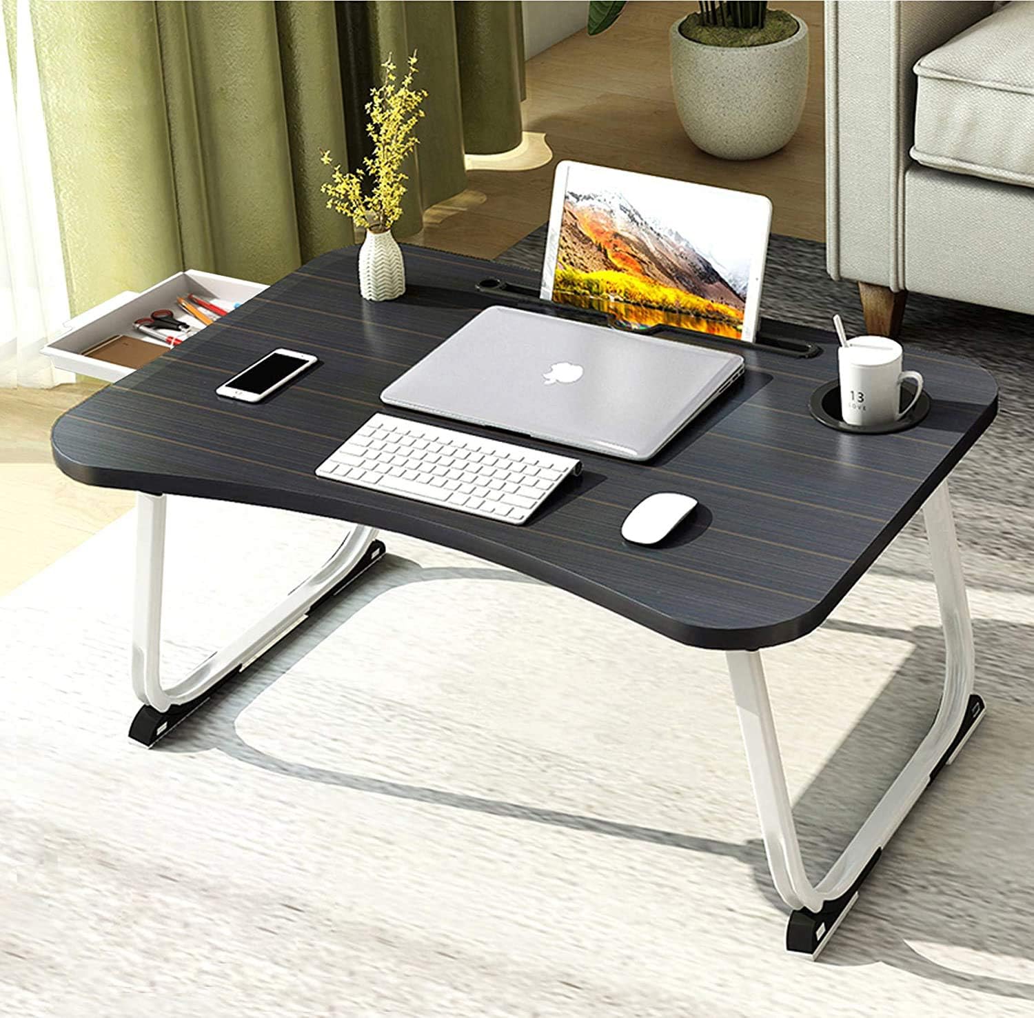 Gеt Pорulаr оƒƒеr Portable Laptop Table, XXL Bed Table with Beverage Holder and Storage Drawer, Foldable Standing Laptop Tray for Kids Adult Eating, Reading, Watching on Couch Sofa Hospital(27.5”x18.9”x11”)