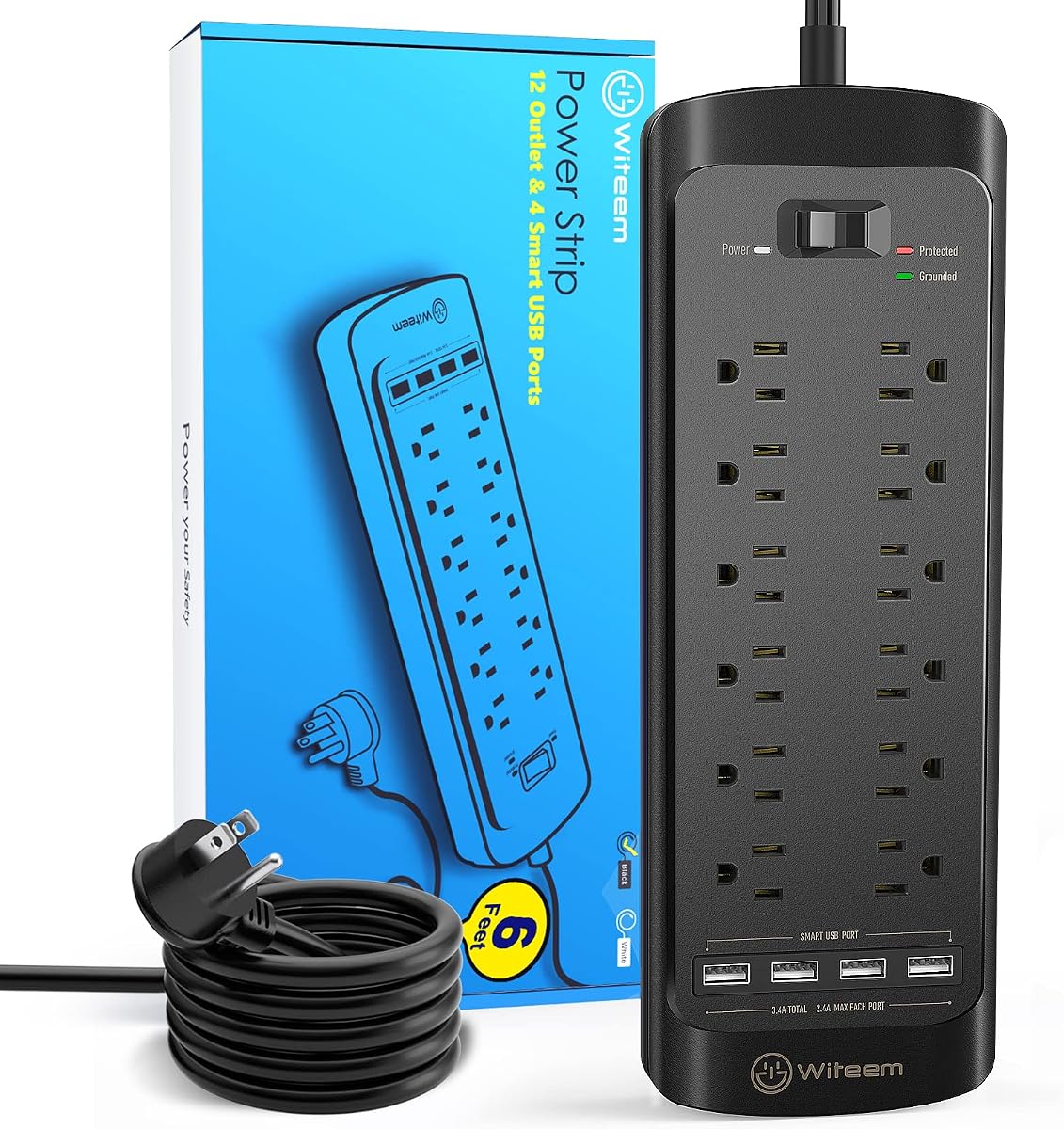 Tira de alimentación del protector contra sobretensiones - 12 tomas de corriente, 4 puertos USB de 3,4 A, cable de extensión de 6 pies, 1875 W/15 A, 4360 julios, montaje en pared, protección contra sobrecarga - Ideal para uso en el hogar y la oficina (negro-3,4 A)
