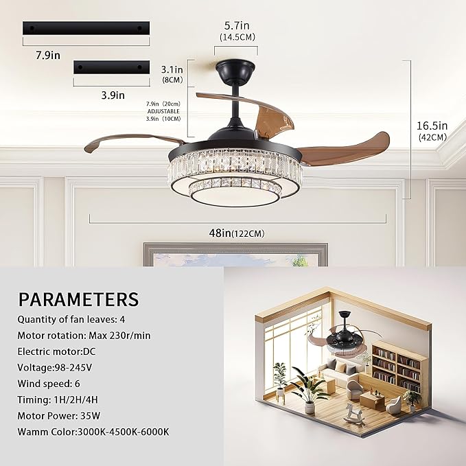 Ventilador de Techo 48" con Luz LED Dimmable, Control Remoto miniatura 2