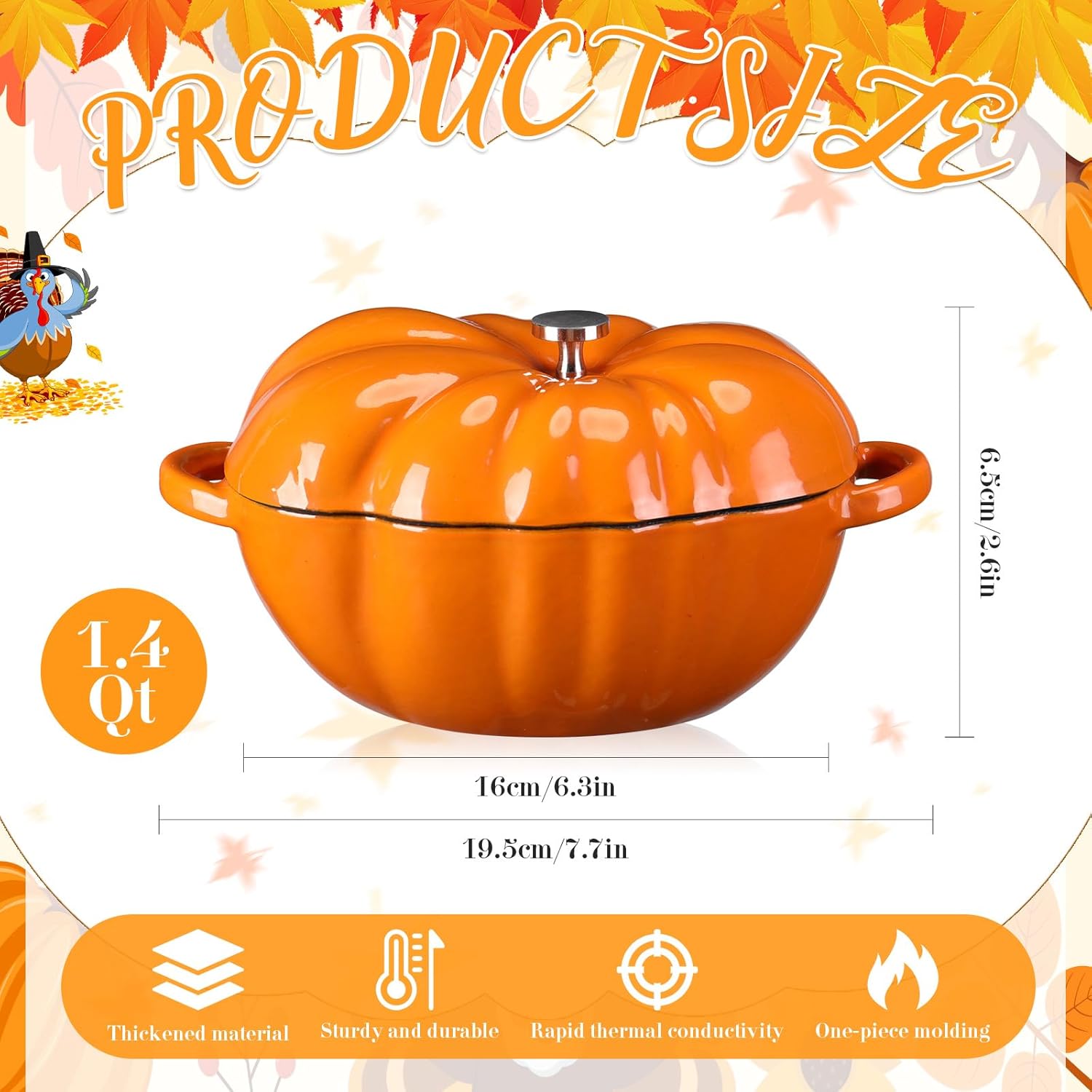 Pickmesh 1.4 Qt Pumpkin Cocotte Pumpkin Cast Iron Dutch Oven Pre-seasoned Cast Iron Garlic Roaster Heat Resistant for Thanksgiving Grill, Oven Backyard 6.3'l x 5'w x 2.6'h(Orange)