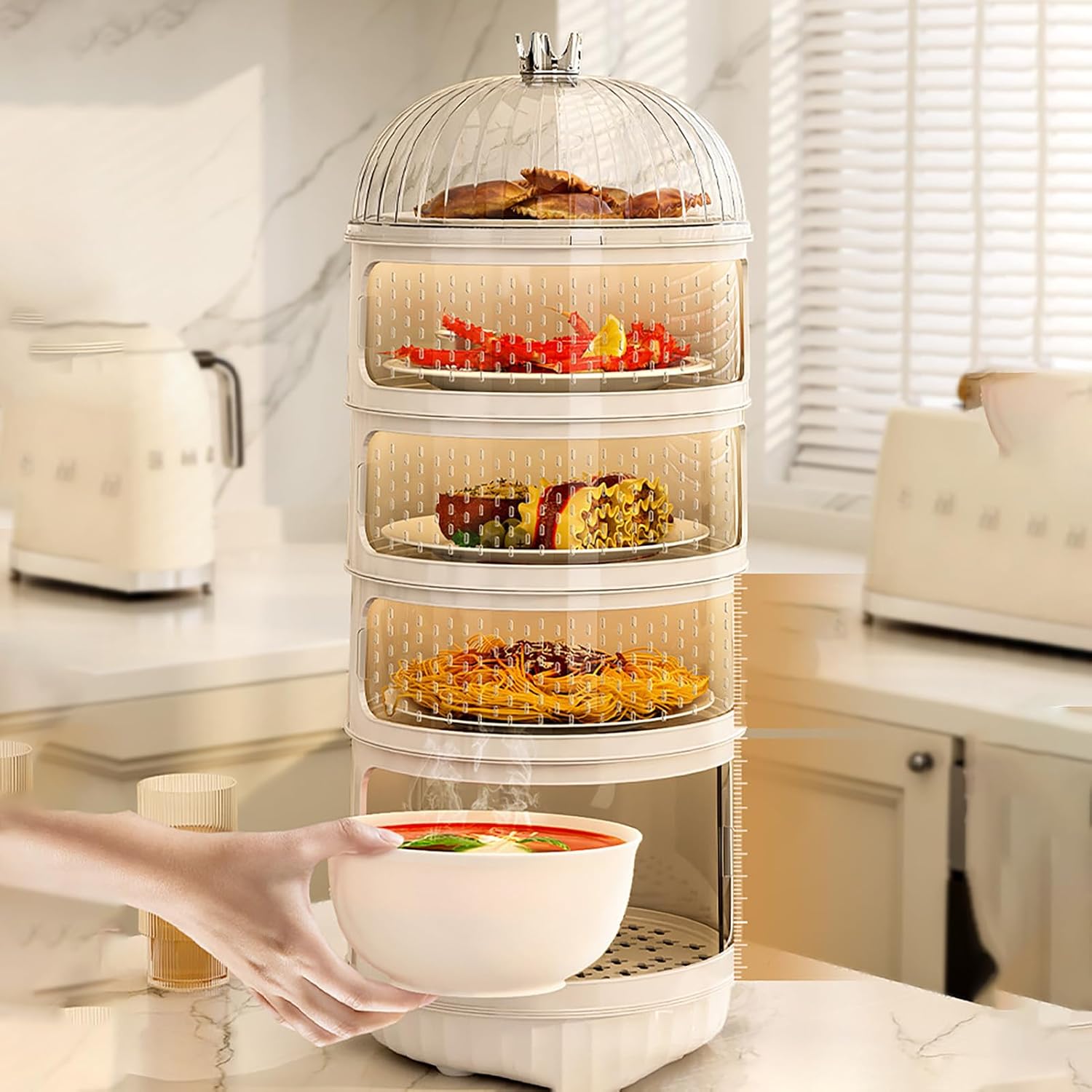 Food Storage Cover Box, Sealing Food Cover Tent Umbrella with Storage Box Easy to Use Food Dust Cover Multifunction Leftover Storage Box Cover for Kitchen Accessorey (4 Layers)