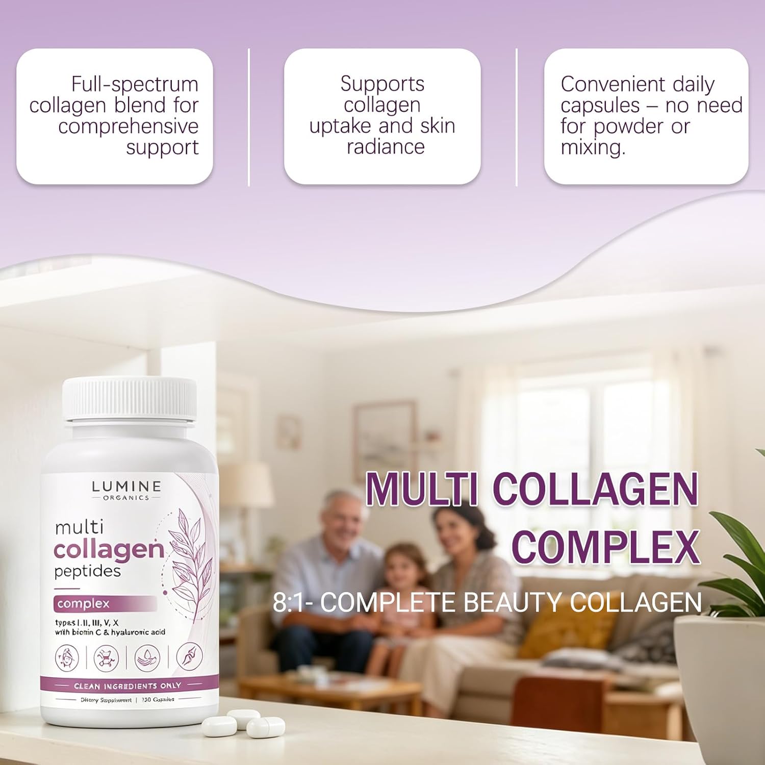 Lumine Organics Collagen Capsules – Types I, II, III, V & X Hydrolyzed Collagen Peptides with Vitamin C & Hyaluronic Acid – Support Hair, Skin, Nails & Joints – Non-GMO, Gluten Free, 120 Capsules