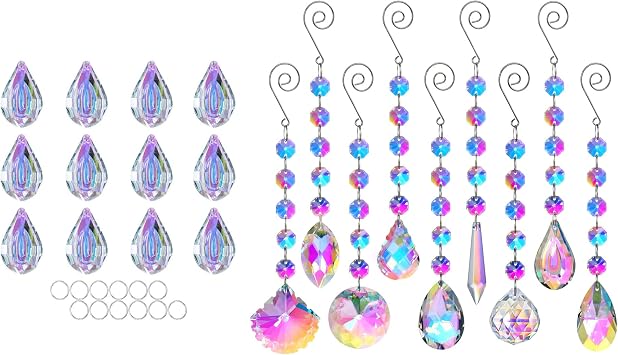 50mm AB Loquat Shape Pendants Pack of 12 and 9pcs Rainbow Maker Crystal Window Hanging Suncatchers Ornament AB-Coating Crystal Octagonal Beads Pendant