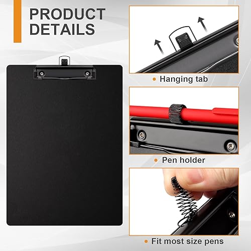 Miniatura 3 de Paquete de 2 portapapeles tamaño carta A4 negro con soporte para bolígrafo, portapapeles de plástico para aulas y oficinas