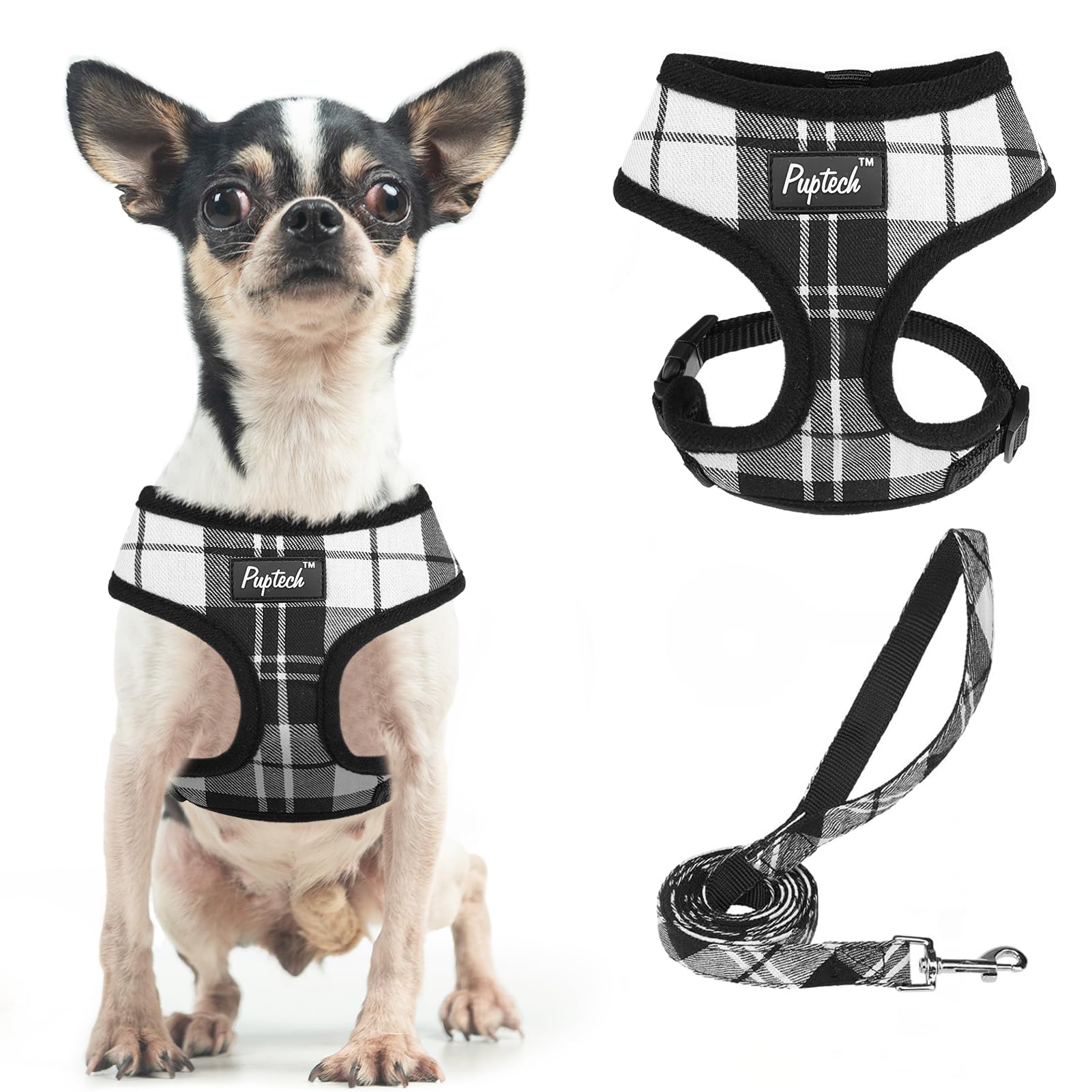 PUPTECK Soft Mesh Dog Harness and Leash Set Pet Puppy Cat Comfort Padded Vest No Pull Harnesses, Black&White, XS