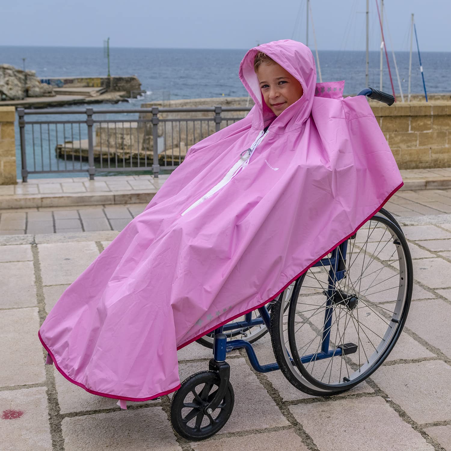 Wasserdichter Poncho für Kinder-Rollstuhl Regenmantel Italienisches Design Rosa