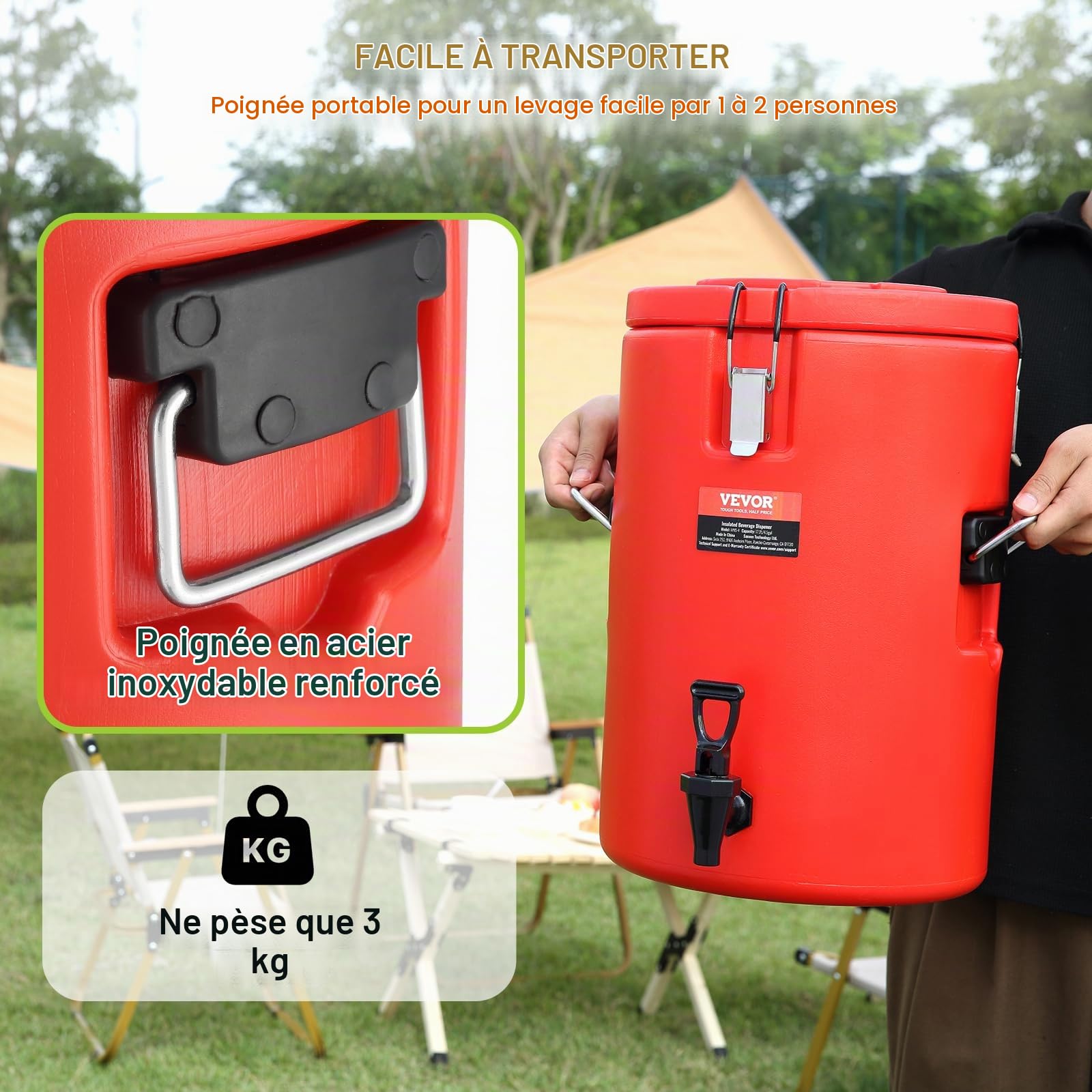 VEVOR Distributeur de Boissons Isotherme 17,2L Distributeur d’Eau Chaude et Froide Non Électrique Inox Alimentaire Conservation 10H Conteneur Isotherme avec Robinet Portable pour Camping Restauration