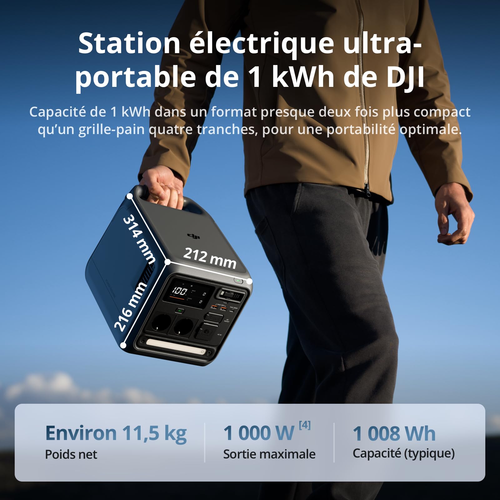 Station électrique portable DJI Power 1000 Mini, batterie LFP de 1 008 Wh, format compact, sortie maximale de 1 000 W, alimentation automobile, câble SDC vers allume-cigare (12 V), camping, road trips