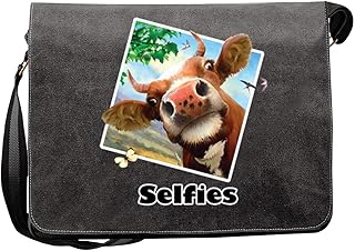 Canvas Tasche - lustiges Kuh Motiv - Bunte Kuh Foto - Kuh-Selfie : Selfie Kuh - Umhängetasche/Schultertasche
