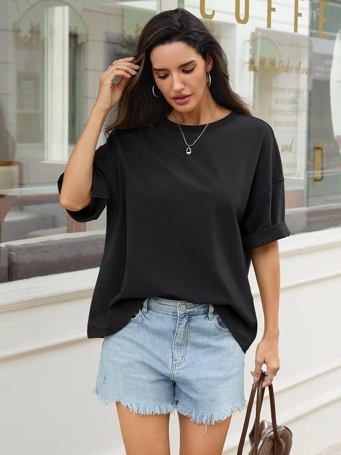Womens Cotton Oversized T Shirts Drop Shoulder Half Sleeve Boxy Tops Crewneck Loose Fit Short Sleeves Tee 2026 Black - Image 2
