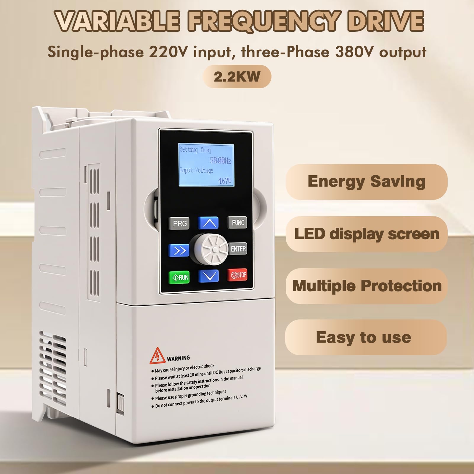 Variateur de Frequence 220v 380v, VFD 2.2 kW Professionnel Convertisseur de Fréquence Entrée Monophasée 220v Sortie Triphasée 380v, Entraînement à Fréquence Variable CNC pour Ventilateurs,Pompes à eau