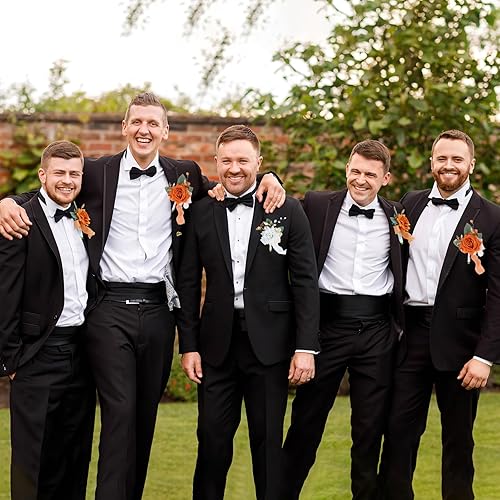 Miniatura 2 de Weslymoo Boutonniere de rosas blancas y naranjas quemadas para hombres, juego de 6 flores sintéticas para novios y padrinos de boda, para ceremonia