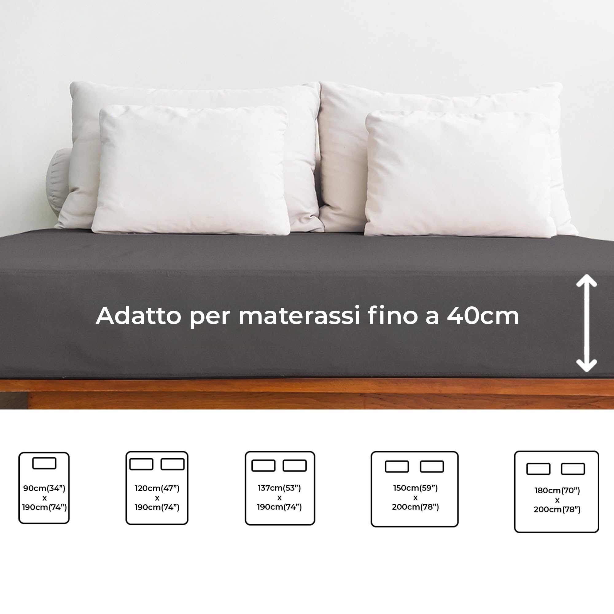 Lenzuolo con angoli 100x200 Grigio scuro 40 cm profondità - Lussuoso lenzuolo - Per letti a molle - Per materassi fino a 40 cm di altezza - Morbido, senza pieghe e traspirante - Confezione singola