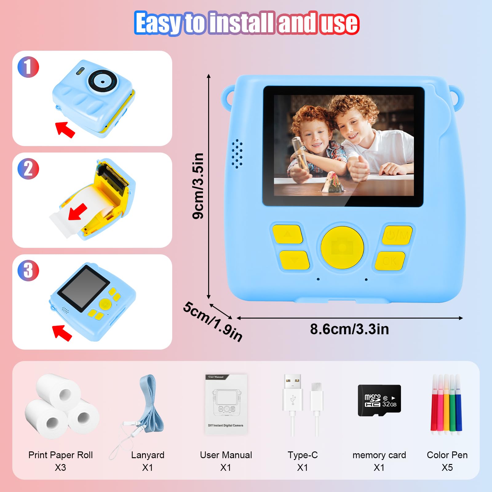 Fotocamera per bambini a stampa istantanea – Fotocamera istantanea 1080P da 6,1 cm, con scheda da 32 G e 3 rotoli di carta fotografica, fotocamera digitale per bambini, giocattoli di Natale e