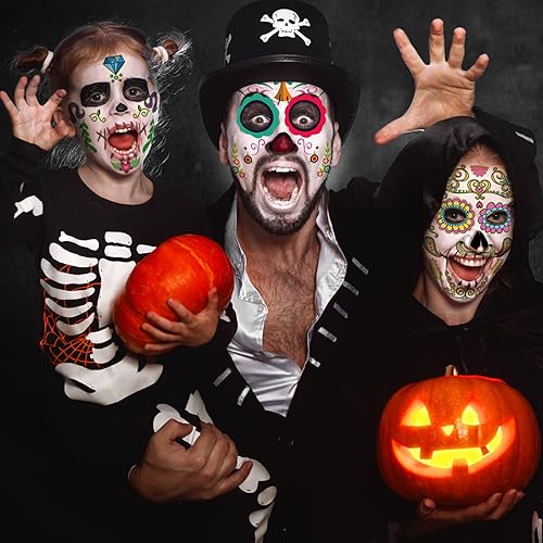 Miniatura 4 de Tatuajes de cara del Día de los Muertos, tatuaje temporal de Halloween, paquete de 10 unidades de Dia de Los Muertos Kit de maquillaje de esqueleto