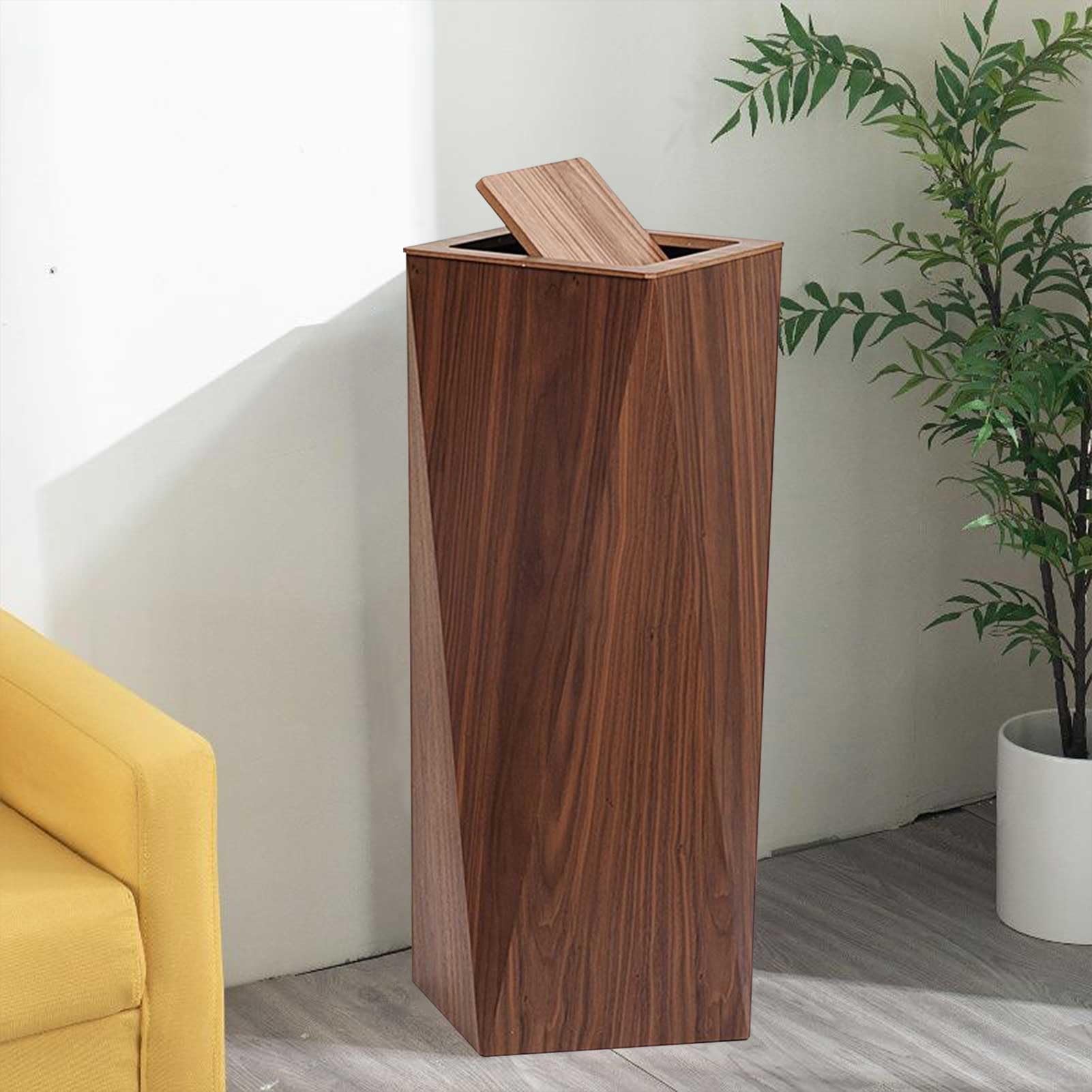 Garbage Bin Durable Walnut Trash Can for Office or Home Diamond Shaped Rubbish Container with Lid for Bathroom