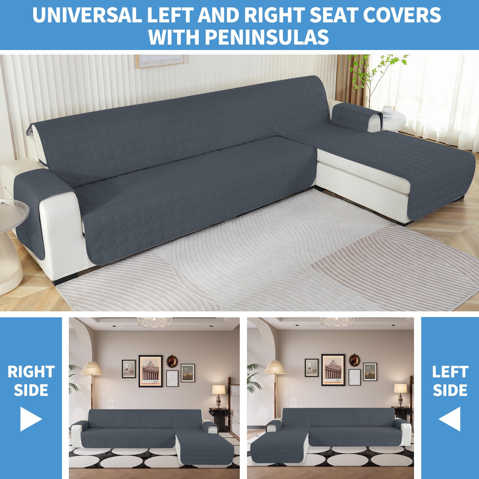 Ystyle Copridivano Impermeabile con Penisola 4 Posti (L 300 CM), Copridivano Angolare Destra/Sinistra Universale Reversibile, Copridivano Chaise Longue AntiGraffio Antimacchia, Grigio