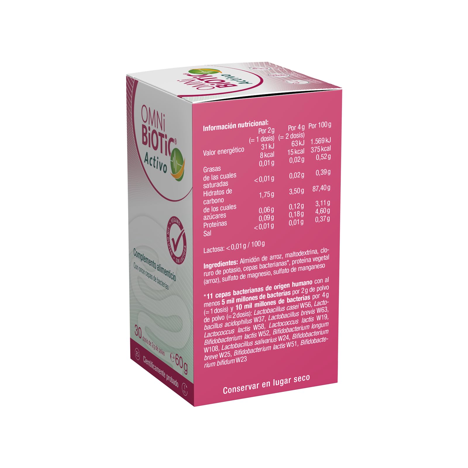 OMNi BiOTiC Activo | Frasco de vidrio | 30 Dosis (60g) | Probiótico |11 cepas bacterianas | 5 mil millones de bacterias por dosis diaria | Polvo | Sin gluten | Sin lactosa | Para uso diario