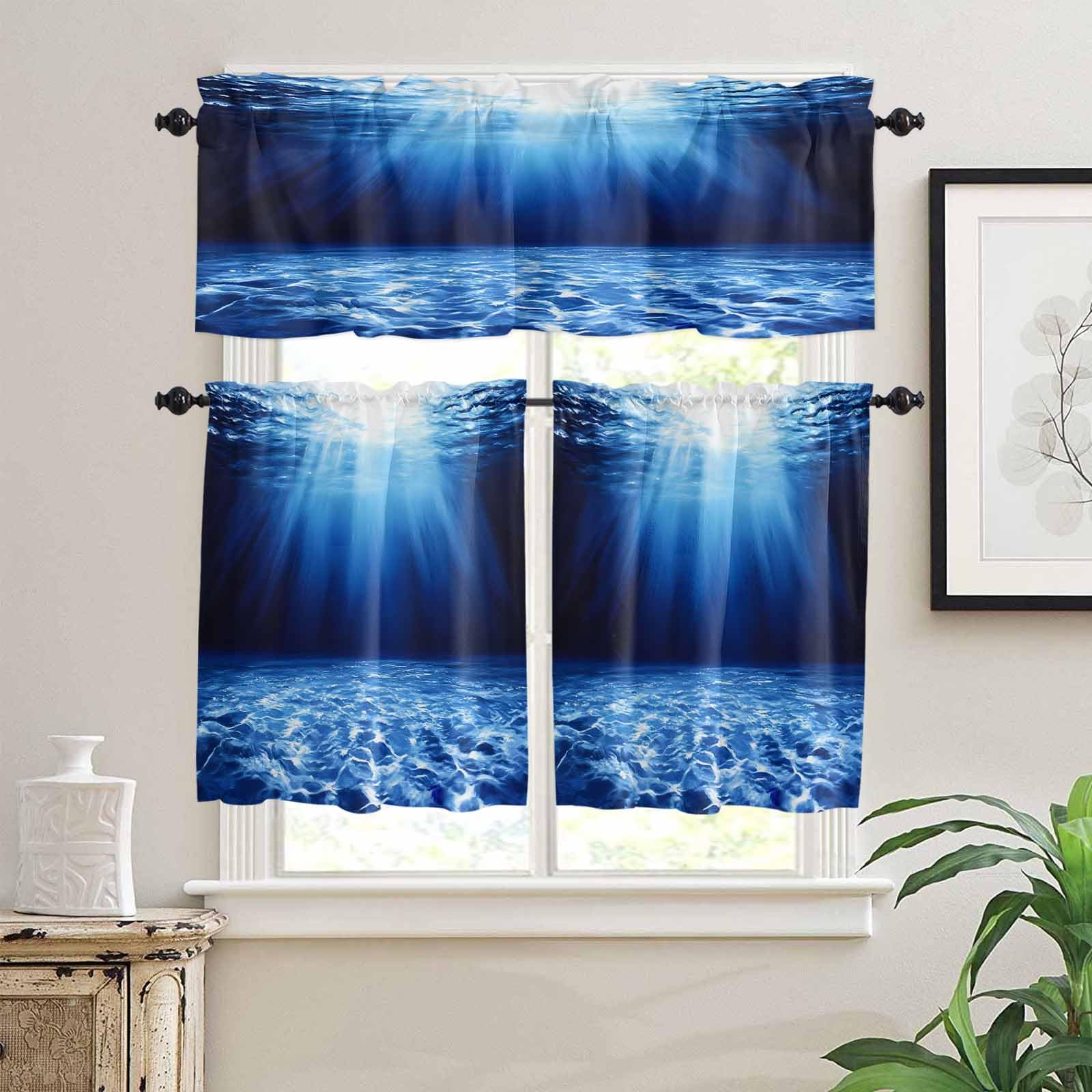 Blue Ocean Kitchen Curtains 24 Inch Length,3 Piece Rod Pocket Small Half Tiers and Valance Set,Underwater Water Waves Seascape Nature Sea Small Large Window Treatment Decor for Bedroom/Bathroom Sink