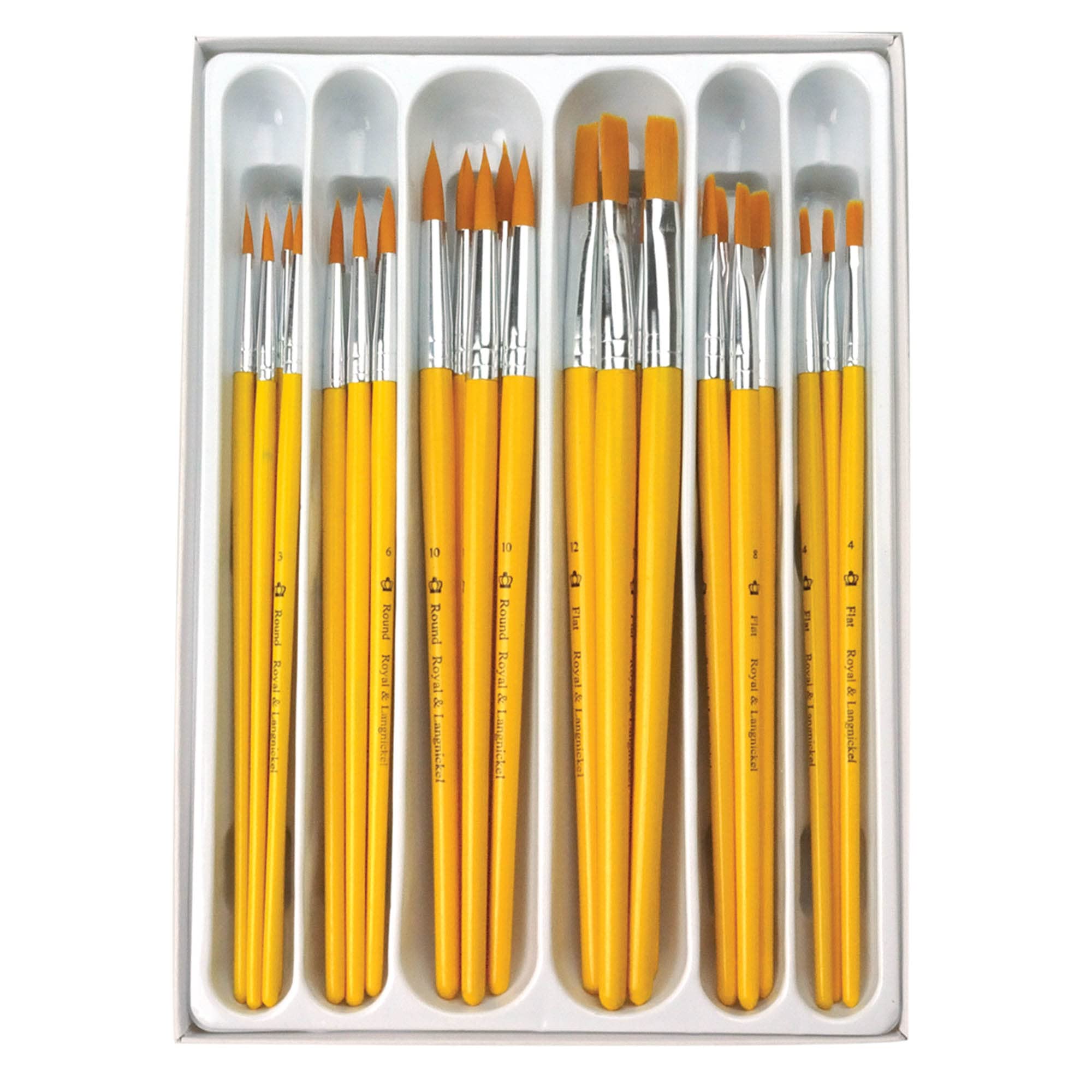 Pracht Creatives Hobby Royal & Langnickel - Juego de Pinceles de Taklon para niños, 30 Pinceles Redondos y Planos con cerdas de poliéster de Color Dorado en 6 tamaños, con Caja de plástico