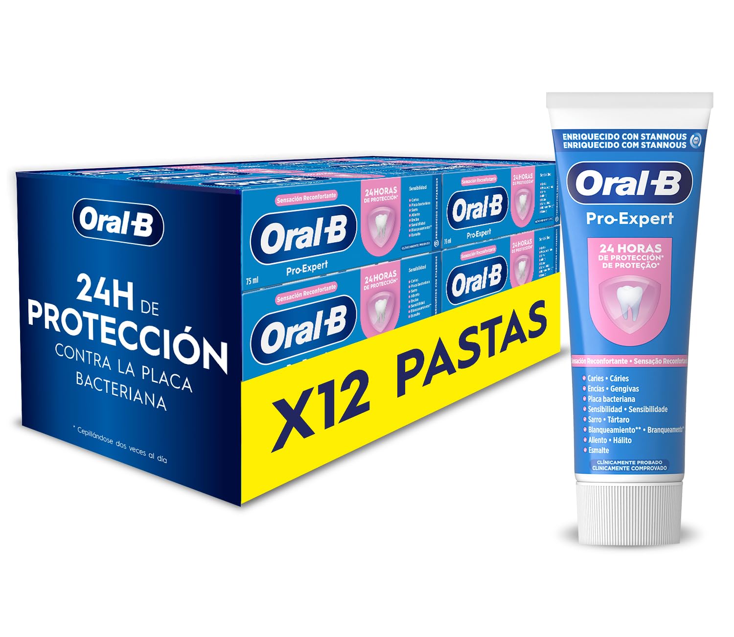 Oral-B Dentífrico Pro-Expert Sensibilidad y Blanqueamiento, Pack 12x75 ml | Pasta de Dientes para Dientes Sensibles, con Fluoruro de Estaño, Protege contra La Placa, Sabor a Menta