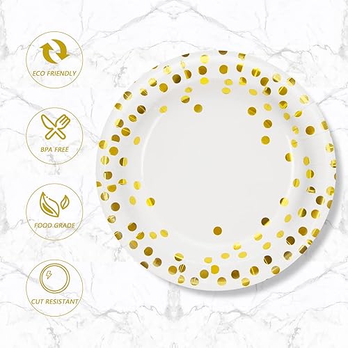 Miniatura 3 de Birthdayparties Platos de papel blanco y dorado de 85 pulgadas platos de papel desechables de lunares dorados suministros de fiesta platos de papel