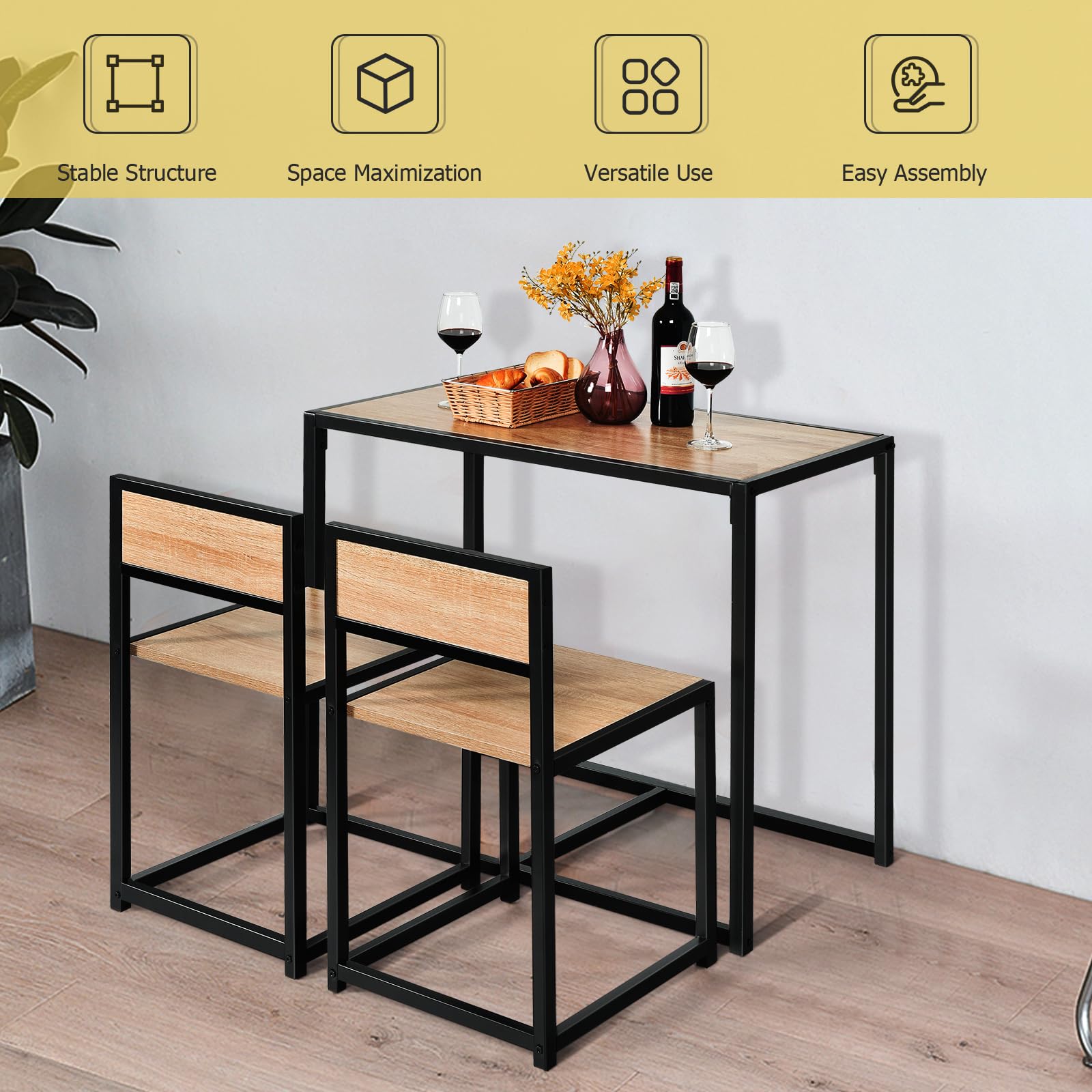 GIANTEX Bartisch Set 3-teilig, Essgruppe Esstisch mit 2 Stühlen, Esszimmergruppe Kleiner Küchentisch Set für 2 Personen, Esszimmer Tisch Bistrotisch Set Sitzgruppe, Küchenbar Sitzgruppe (Natur)