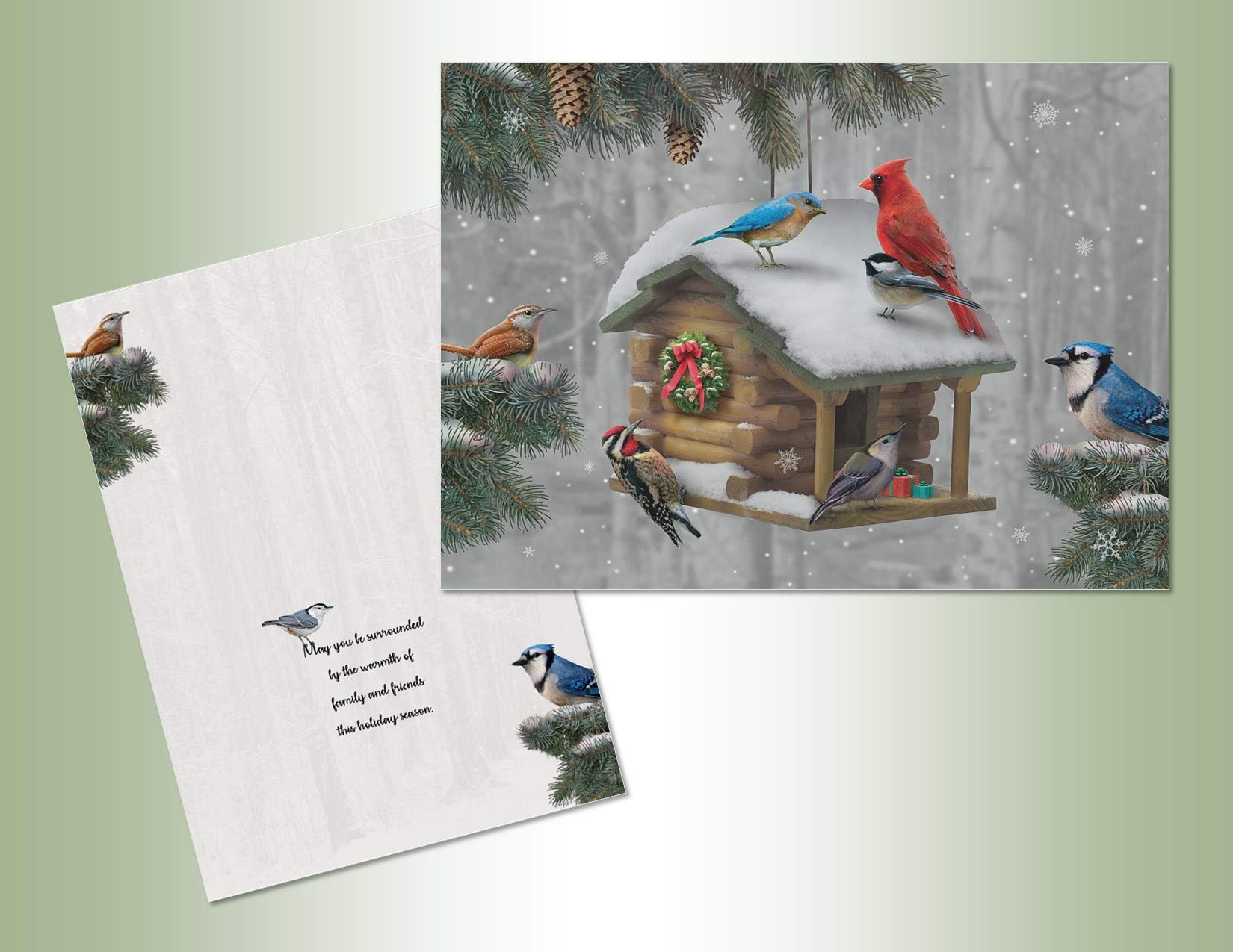Performing Arts Premium-Weihnachtskarten mit Vogelhaus, 18 Weihnachtskarten, Kardinal Chickadee Wildlife, niedliches Schreibwaren-Set in Box, 17,8 x 12,7 cm, Vogel-Weihnachtskarten mit Umschlägen