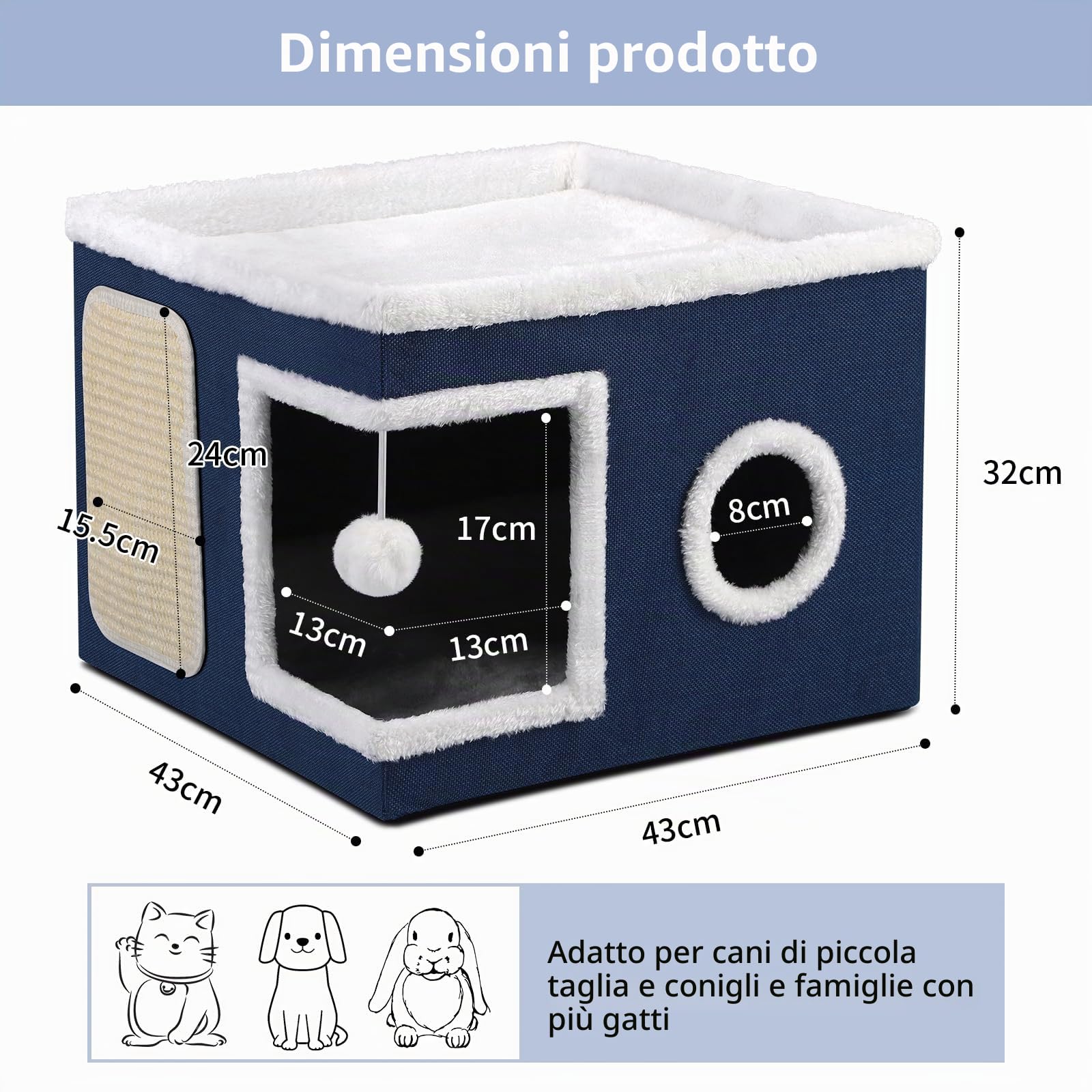 Cuccia per gatti pieghevole per Gatti indoor, 43*43*32 cm, grande cuccia per gatti con accogliente cuccia, palla sospesa, finestra rotonda, cubo per gatto a 2 strati con morbidi cuscini bifacciali,Blu