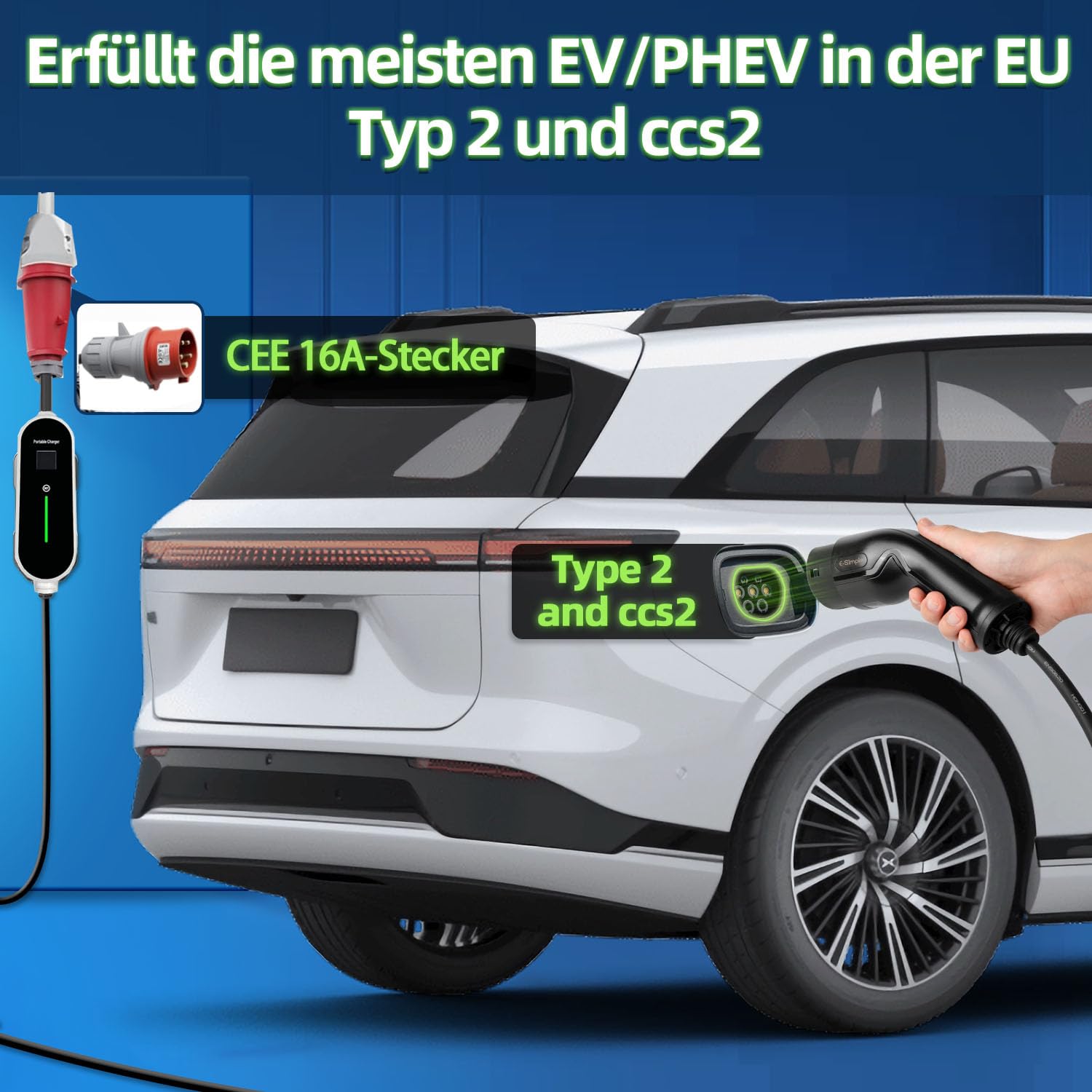 Mobile Wallbox 11kW [7.5m 3-Phasig 8-16A] Ladekabel CEE 16A auf Typ 2 11KW mit Einstellbarer Ladeleistung für Elektroautos
