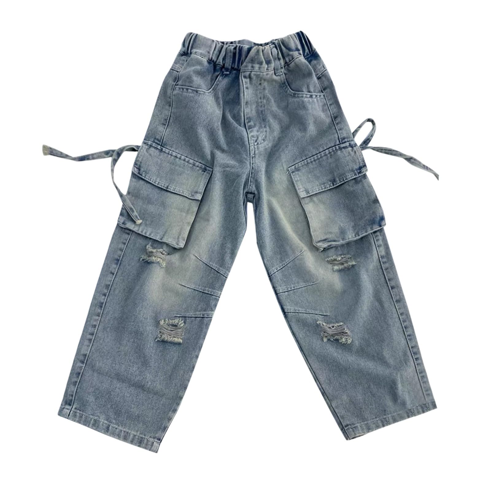Boys Trendy Distressed Ripped Jeans Oversized Cargo Denim Pants with Pocket Elastic Waist (Light Blue, 12-13 Years)