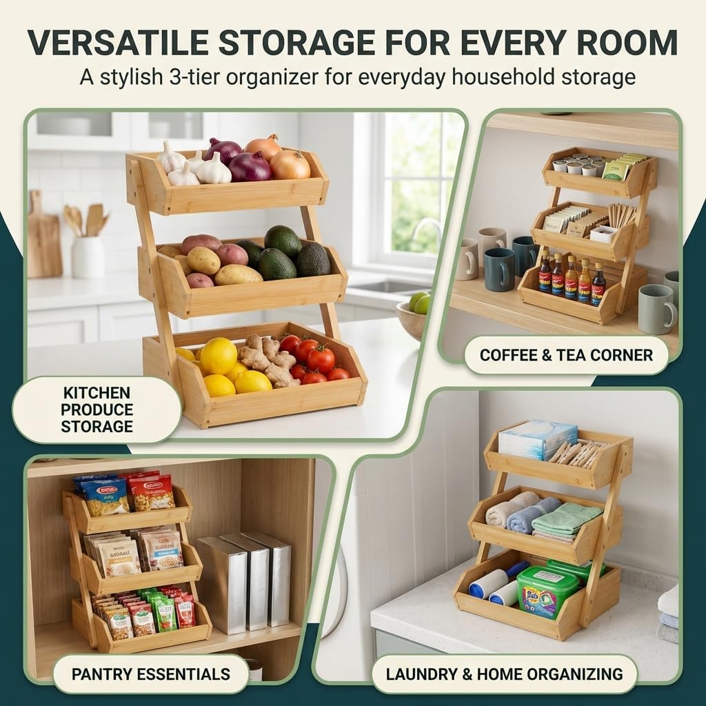 Bamboo Fruit Basket 3-Tier - Premium Produce Bamboo Basket for Kitchen - Durable & Easy to Assemble Stand for Countertop - Perfect Holder for Vegetables, Bread, Snacks & More