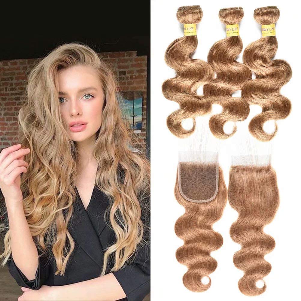 3 Bundles Honey Blonde Body Wave with Lace Closure 8A Peruvian Virgin Remy Human Hair Bundles Deals and 4x4 Lace Frontal Closure (10 10 12inch+10inch Closure)