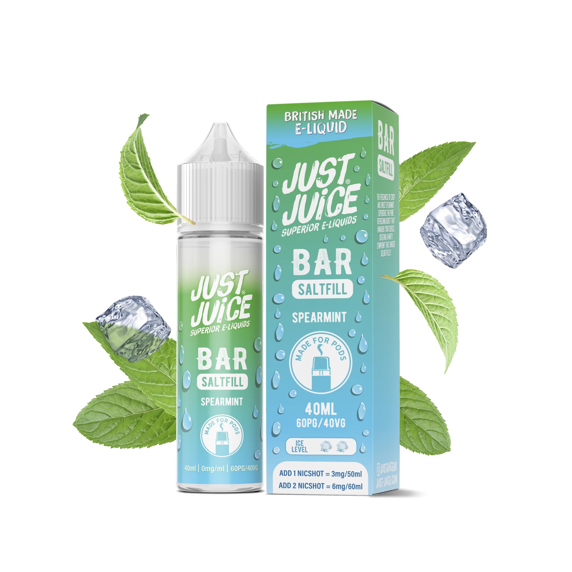 Just Juice Superior E-Liquids Bar Saltfill Vape Liquid - Spearmint Flavour - 40ml Bottle with 40ml of Super Concentrated Juice, 60/40 0mg e-Liquid