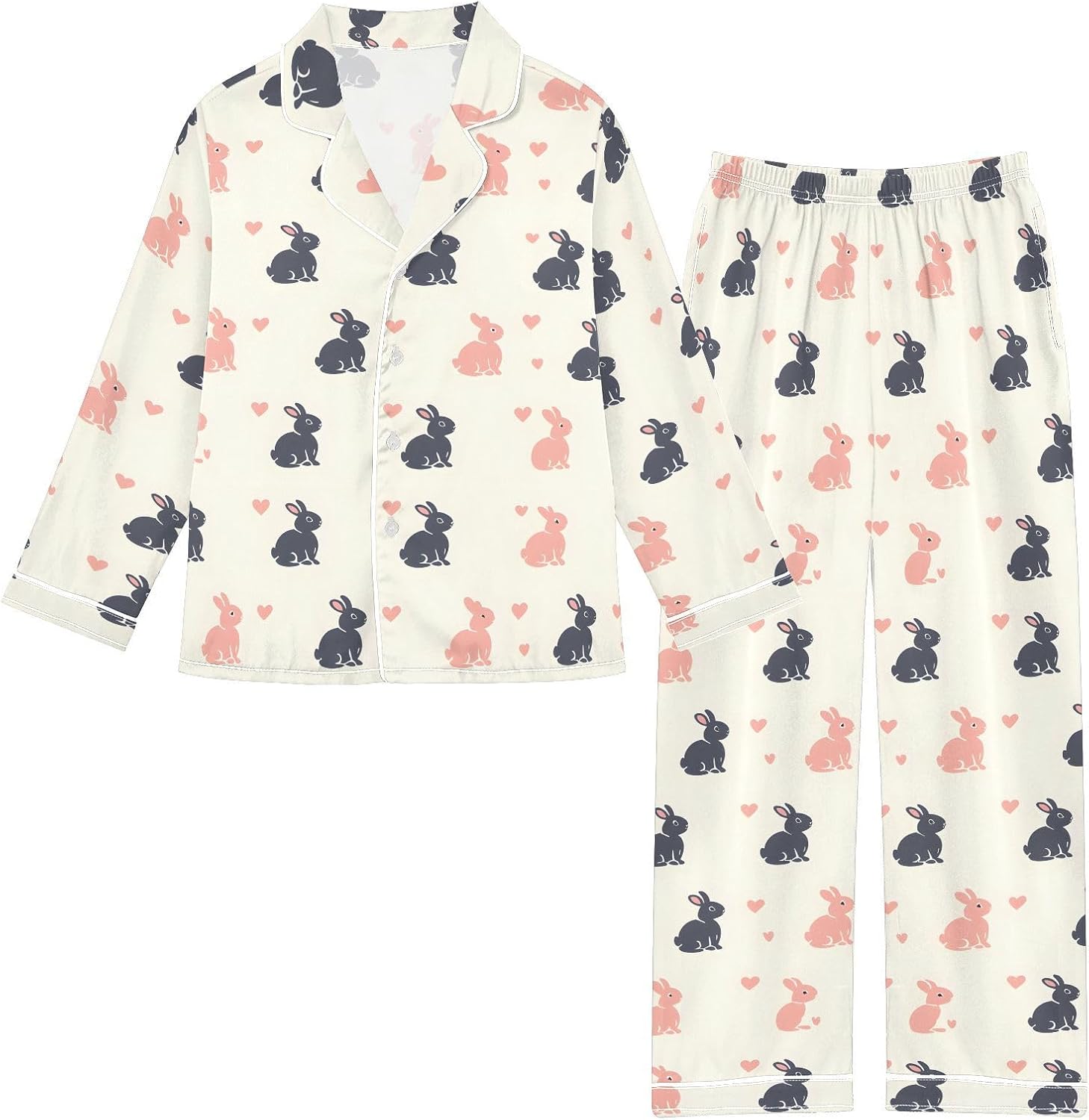Satin Pajamas Sets Animals 2 Piece Long Sleeve Sleepwear Button Down Top + Pants Silk Lounge Pjs