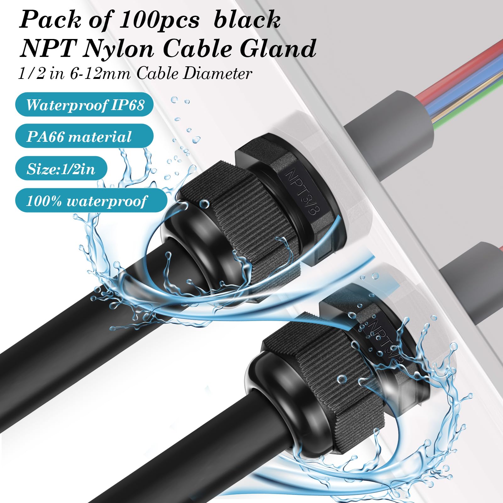 Relaxweex 50 prensaestopas de nailon negro NPT de 3/8 pulgadas, impermeables, IP68, diámetro del cable ajustable, conectores impermeables, agarre de cable negro