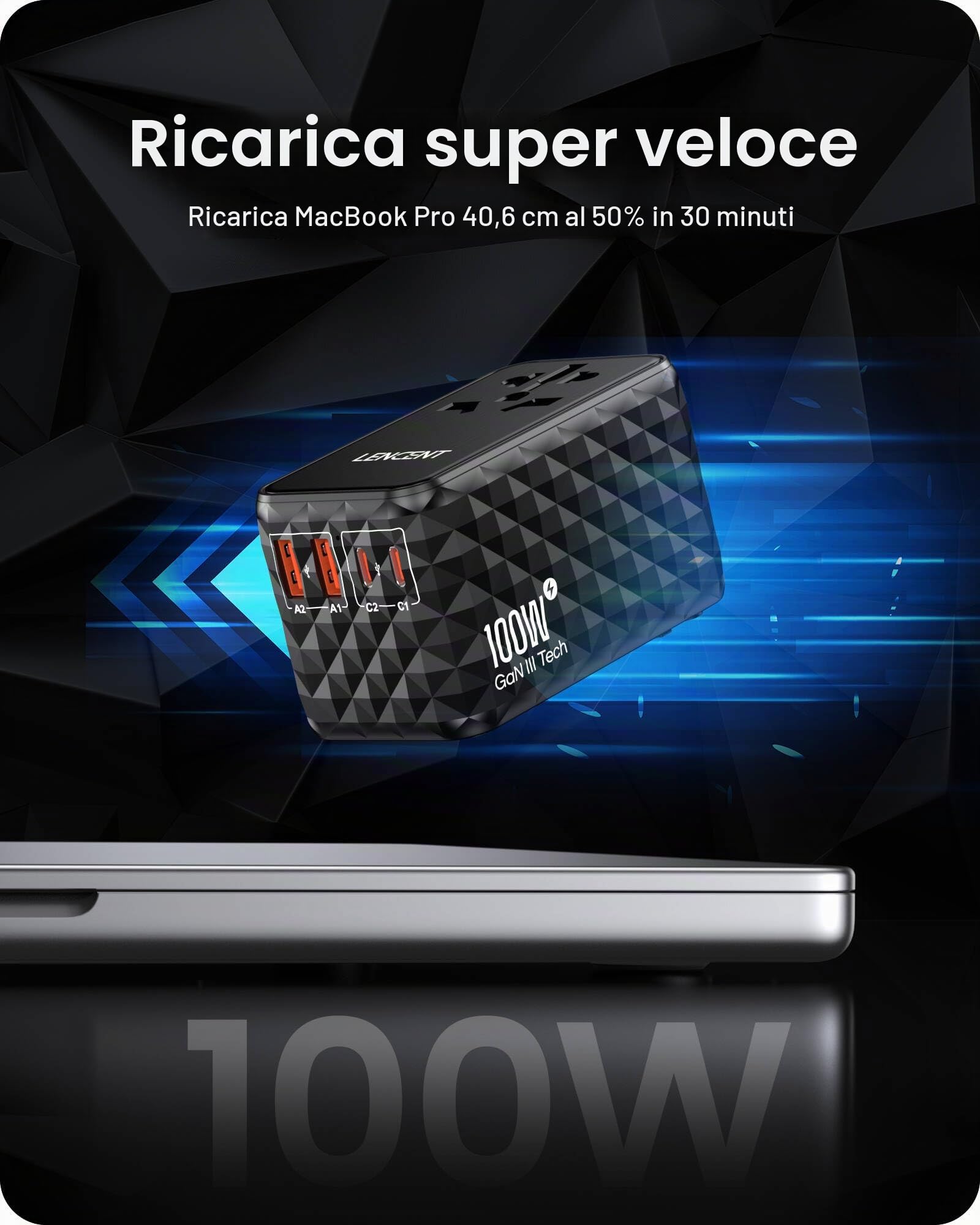 LENCENT 100W Adattatore Universale da Viaggio, Adattatore Presa | con 2 USB-A & 2 USB-C, Caricatore USB Rapida per Telefono Cellulare, Laptop, Spina Internazionale per UK, EU, AUS, USA -Nero