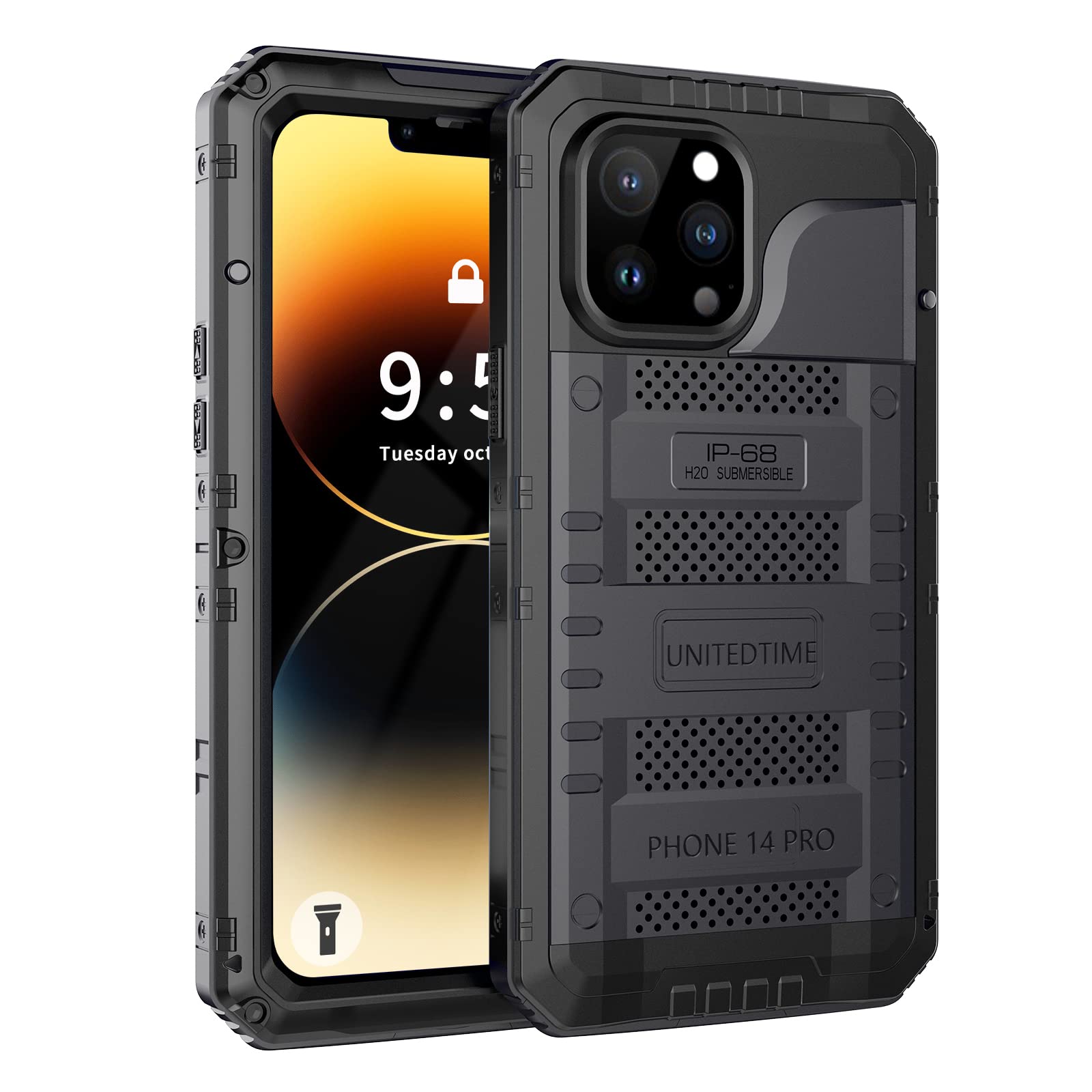 Unitedtime for iPhone 14 Pro Case Waterproof with Built-in Screen Protector Full Body Rugged Hard Silicone, Military Grade Shockproof Dustproof Protective Cover 6.1 Inch (Black)