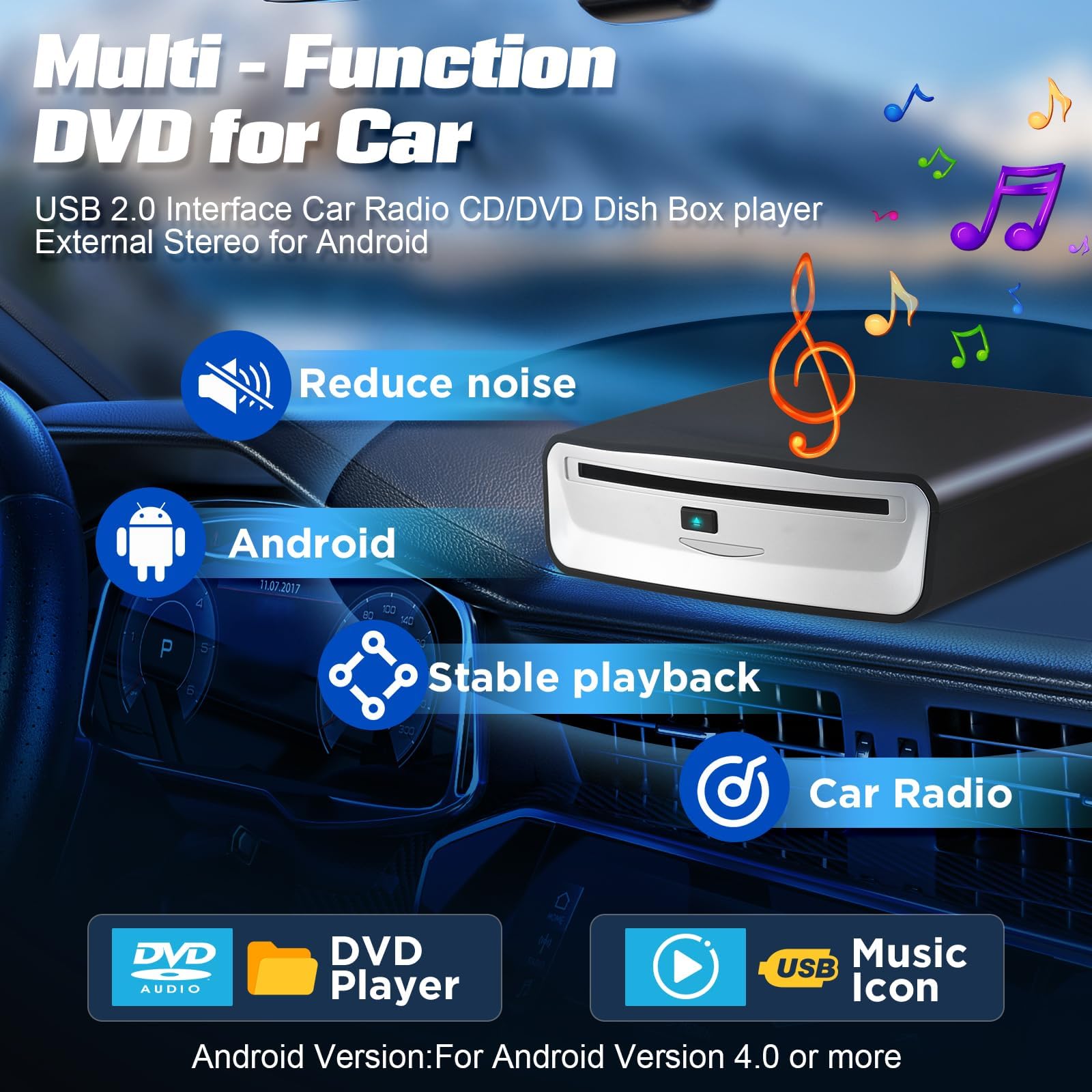 USB Externer DVD CD Player für Auto - Plug & Play CD-Laufwerk mit USB Anschluss, Tragbares Optisches Laufwerk für Auto Radio, Multimedia-Player
