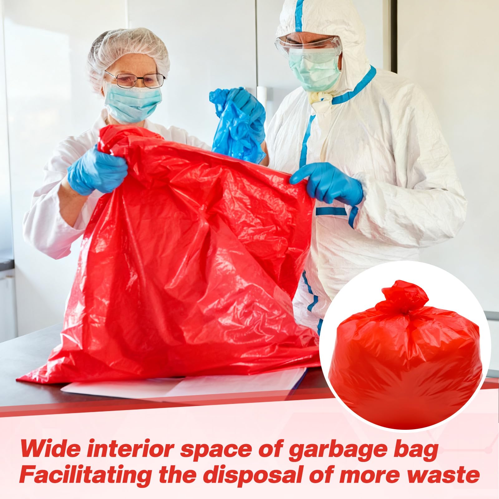Feifeiya Paquete de 50 bolsas de basura de riesgo biológico de 30 galones, color rojo, bolsas de basura de 31.5 x 35.4 pulgadas, sin fugas, para uso hospitalario, eliminación de residuos infecciosos
