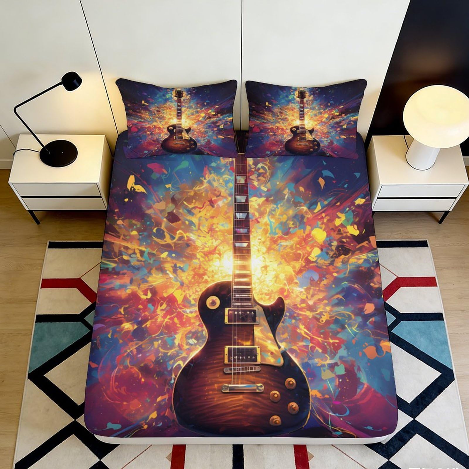 3D Printed Electric Guitar Fitted Sheet Microfiber Soft Colourful Flames Mattress Cover for Bedroom Dorm Decor 90x200x25cm