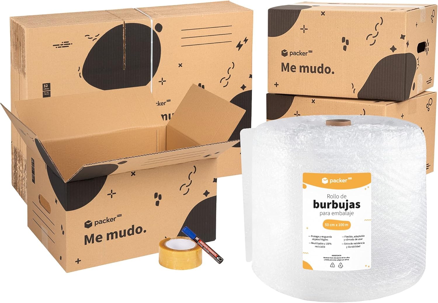 packer PRO Pack Mudanza con 5 Cajas Carton Mudanza 600x400x400mm, 10 Cajas Carton Mudanza 430x300x250mm, Cinta Adhesiva, Rollo de Burbujas para Embalaje, Rotulador Permanente