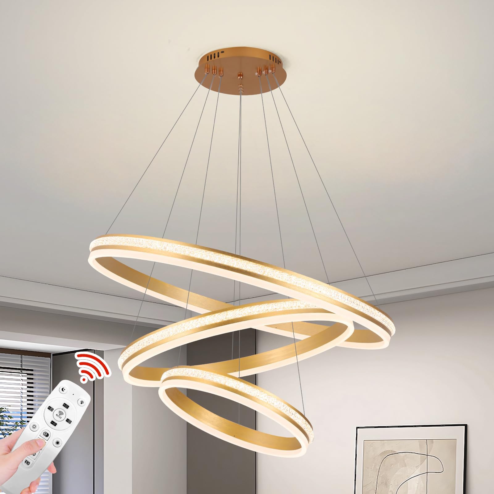 YT YATAI LIGHTINGLuxury LED Ring Chandelier for Living Room, Dining Room, and Bedroom, Modern Round Chandelier with Remote Control, Dimmable Light, Adjustable Height and 3 Color Temperature