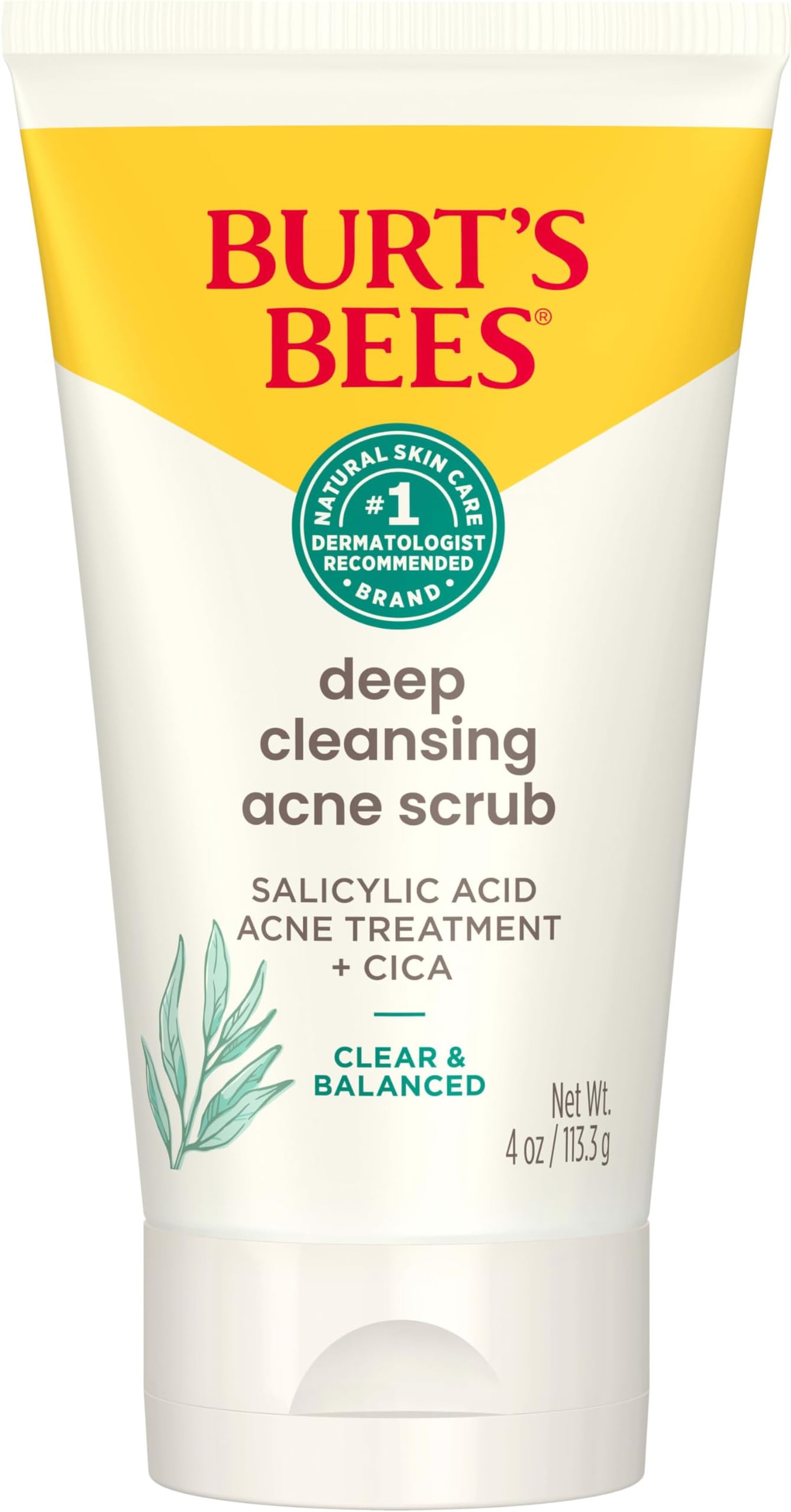 Burt’s Bees Back To School Dorm Essentials, Clear and Balanced Deep Cleansing Acne Scrub, Salicylic Acid Acne Treatment with Cica, Facial Cream Exfoliator Helps Unclog Pores and Reduce Acne, 4 Oz