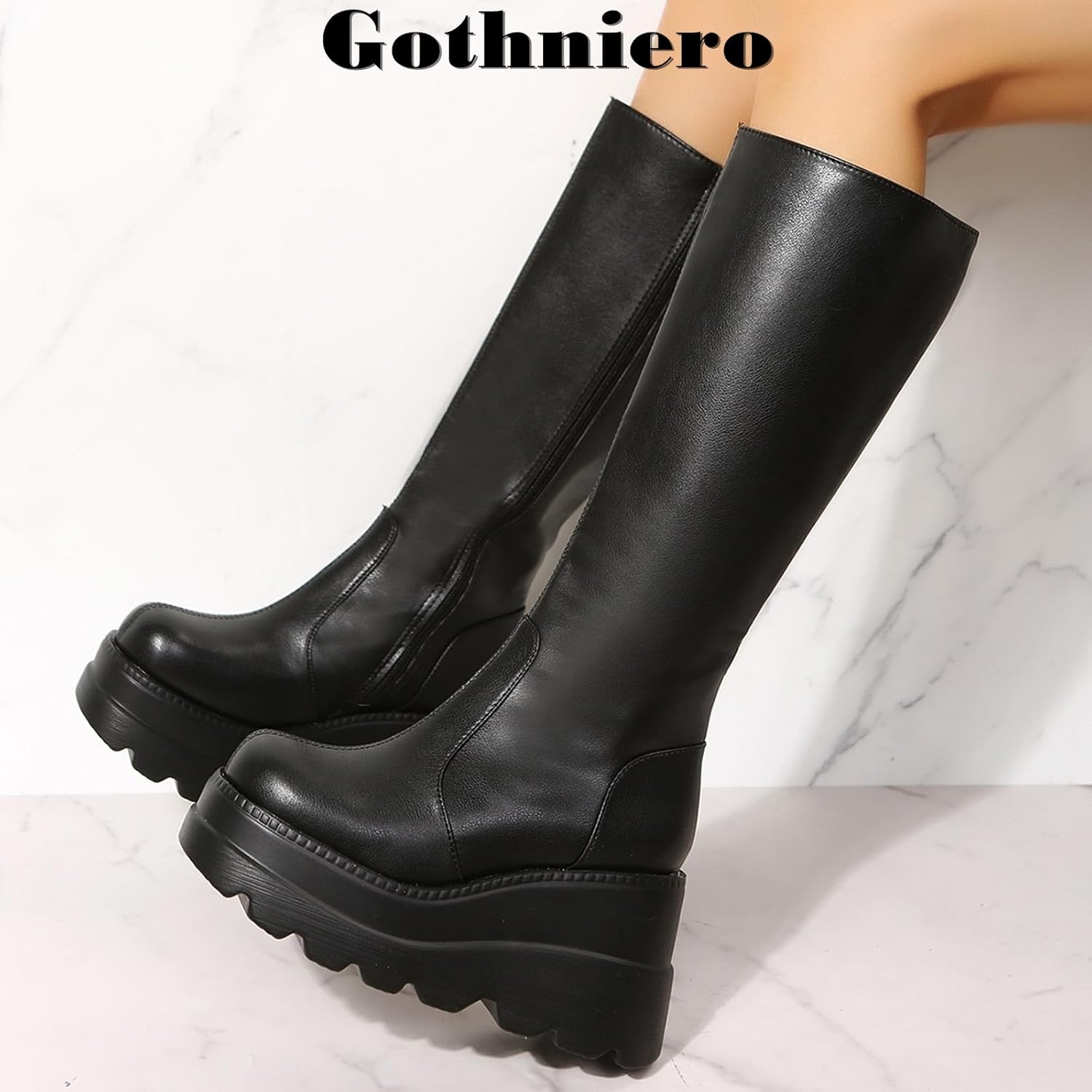 Gothniero High Platform Knee Boots Chunky Heel Wedge Black Boots For Women Combat Goth Punk Motorcycle Booties Zip up With Metal Buckles Size5-11