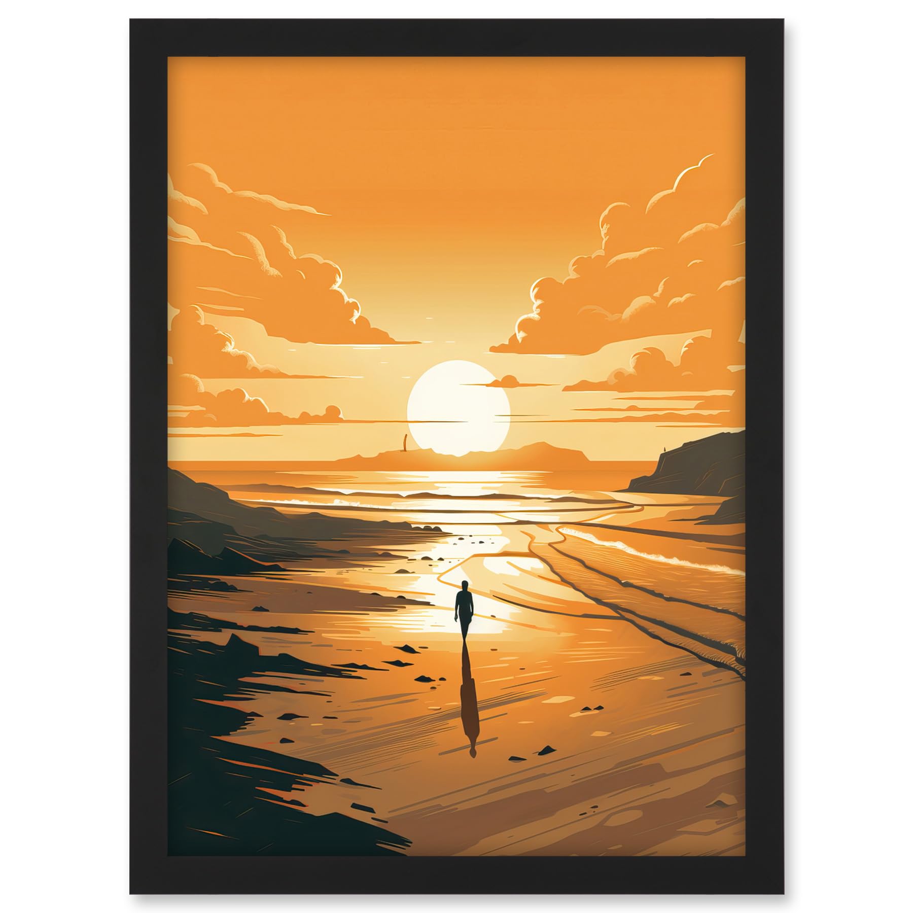 Artery8 Walk into the Sunset Sand Beach Coastal Landscape Artwork Framed A3 Wall Art Print
