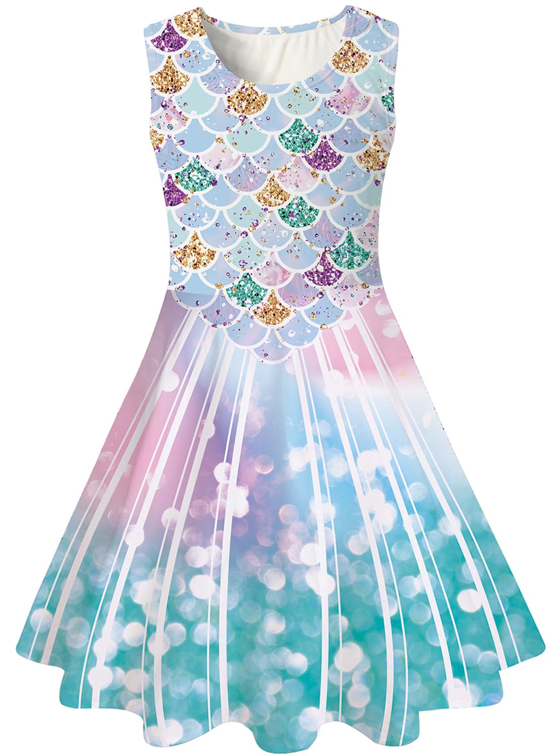 Kids4ever Vestidos para Niñas Vestido Sin Mangas con Estampado 3D Cuello Redondo Una Línea Vestido Plisado con Columpio Sirena Galaxia Fiesta Princesa Vestido De Cumpleaños 4-12 Años