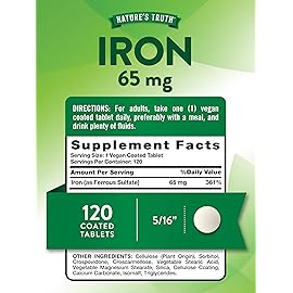 Nature\'s Truth Iron Supplement | 65mg | 120 Tablets | 325mg Ferrous Sulfate | Non-GMO & Gluten Free Pills